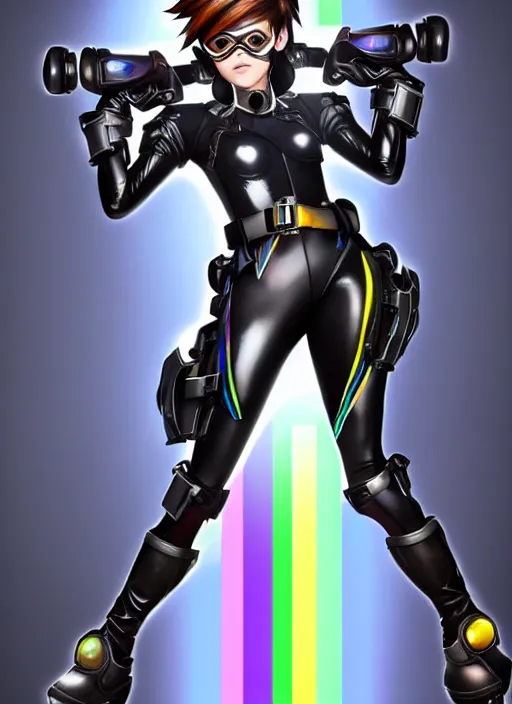 Image similar to full body digital artwork of tracer overwatch, confident pose, wearing black iridescent rainbow latex, 4 k, expressive happy smug expression, makeup, in style of mark arian, wearing detailed black leather collar, wearing sleek armor, black leather harness, expressive detailed face and eyes,