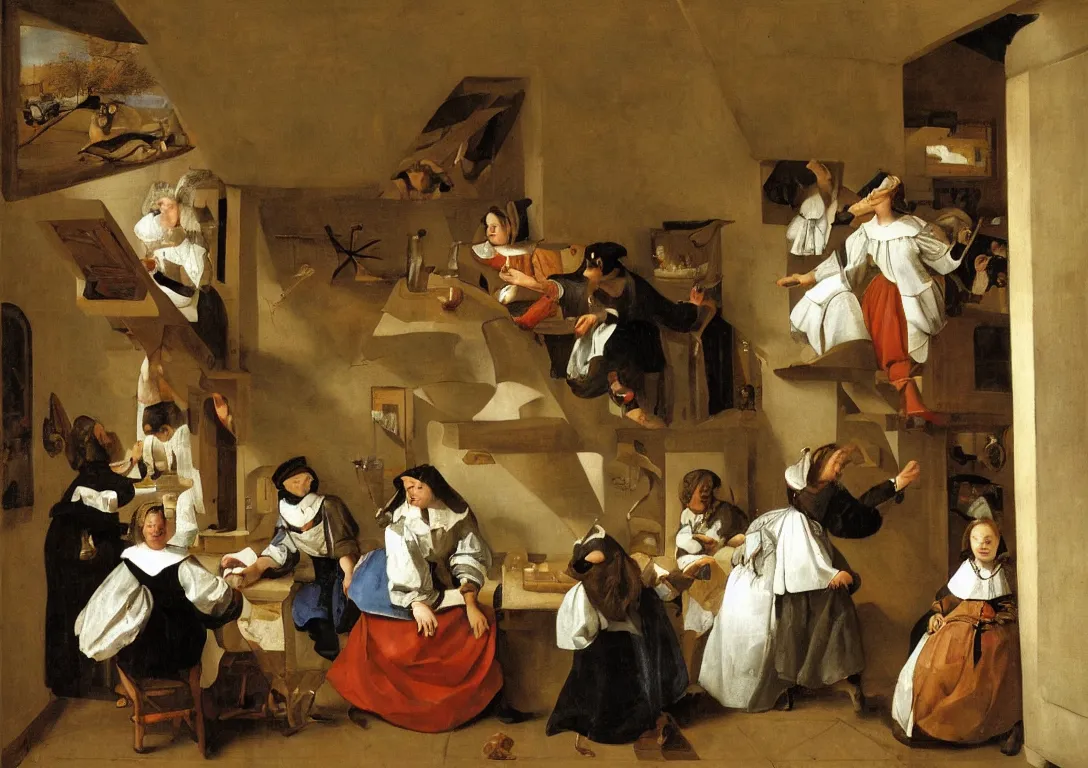 Prompt: Jan Steen arranges the various actors in a small room with a window. Composition is based on a triangle, with the magnificently dressed young woman at its top point. Her clothing and seductive look identify her as a “loose-living” girl. She, however, is not the focus of the scene; that is provided by the lady of the house, who has fallen asleep at the table on the left. Her “absence” has resulted in the rest of the story: the dog is finishing the meat pie that was served on the table, one of the children is filching something from the cabinet on the wall (“opportunity makes the thief ”), the little girl’s brother is trying out a pipe, and the youngest child, sitting in his highchair, is playing carelessly with a string of pearls. His attention diverted to the side, a young man is trying to play a violin. Young people who continued to live at home were considered suspect in the popular culture of the Netherlands at the time.