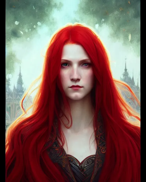 long red hair mage, portrait, gentle, scowl, cloth, | Stable Diffusion ...