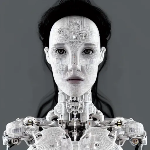 Image similar to beautiful centered Fine art photo portrait of relaxed young Jennifer Connelly a solarpunk robotic humanoid, white mechanical parts with led lights, photorealistic, white background, highly detailed and intricate, sunset lighting, HDR 8k