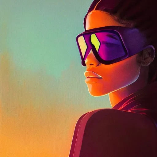 Image similar to zendaya wearing opaque reflective goggles profile picture by Greg Rutkowski, brown skin, very long hair, dune, asymmetrical, futuristic, neon volumetric lights, cool colors, streetwear, studio ghibli, Organic Painting , Matte Painting, geometric shapes, hard edges, street art, trending on the artstation, fantasy LUT, realistic by Sachin Teng + Martin Grip + Moebius, techwear, Industrial Scifi, detailed illustration, character portrait,