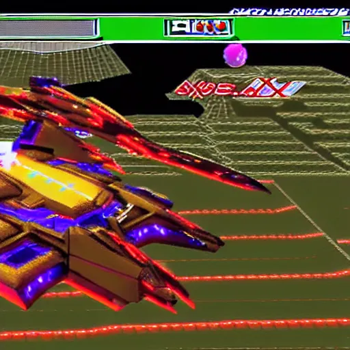 Image similar to ps 1 style videogame shmup arcade anime spaceship shooter 3 d epic bossfight, with hud elements