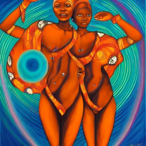 Prompt: african women dancing around a blue glowing portal to another dimension by amanda sage, oil on canvas, trending on artstation