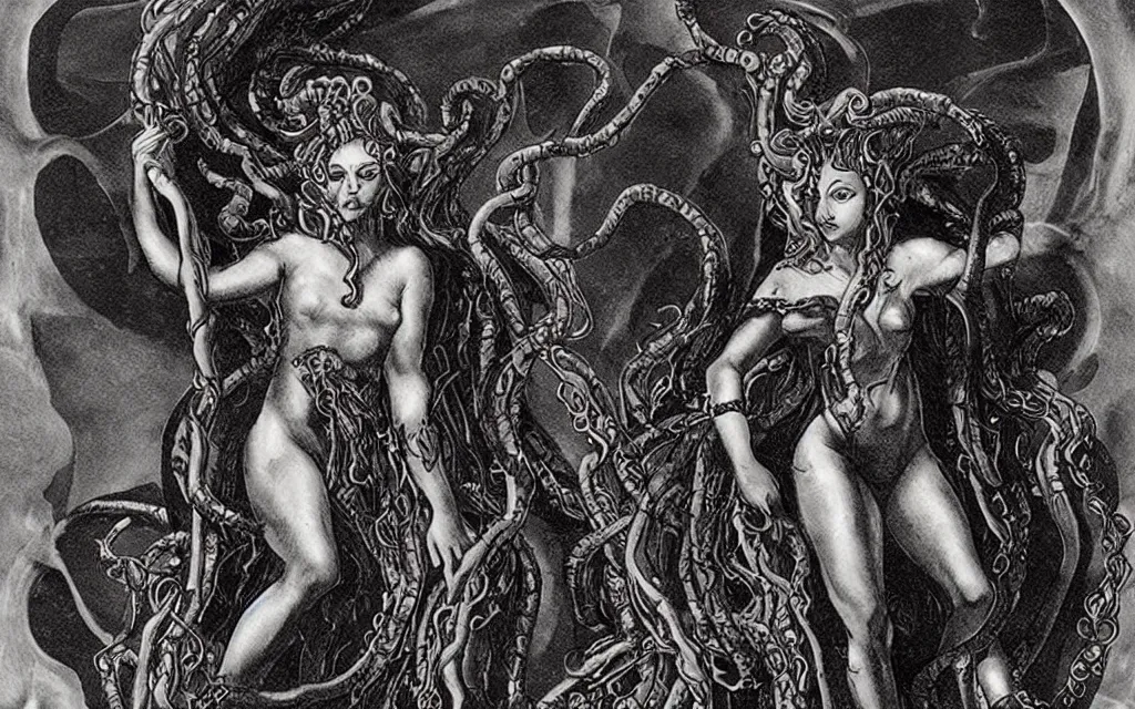 Prompt: Medusa standing on an obsidian throne.