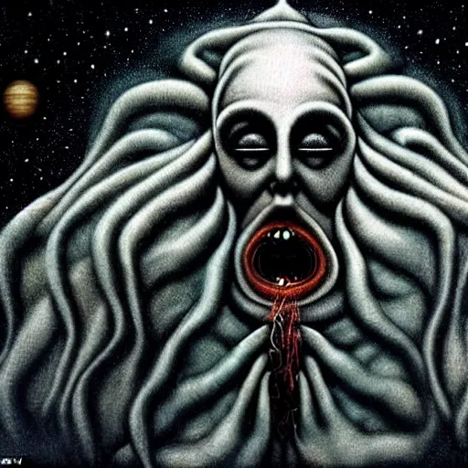 Image similar to the transcendent being embodying fundamental fear from the outer space, photorealistic, detailed photography, divinity, awful, cosmic horror, religious art
