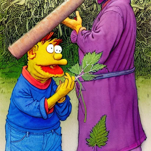 Image similar to a realistic and atmospheric watercolour fantasy character concept art portrait of bert and ernie with pink eyes smoking a huge blunt with a pot leaf nearby by rebecca guay, michael kaluta, charles vess and jean moebius giraud