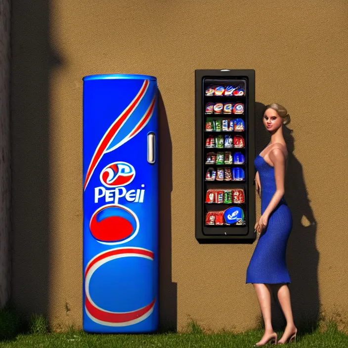 Image similar to pepsi vending machine outside a medieval house in a village. a woman is standing next to the vending machine. perfect faces, extremely high details, realistic, cinematic, octane render, masterpiece, artstation contest winner, art by johannen voss, frank frazetta