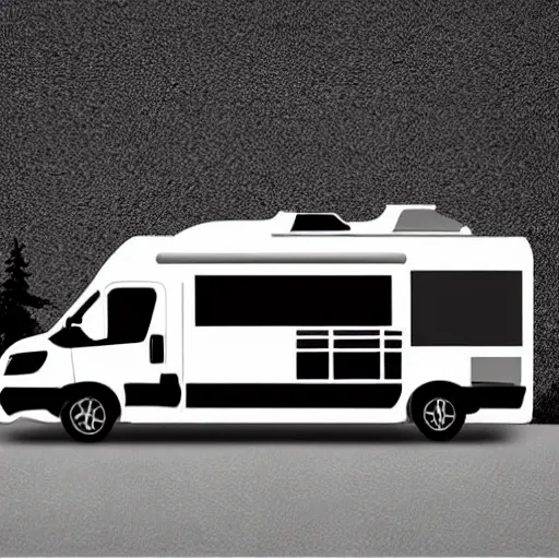 Image similar to minimal professional logo featuring a white and black cute thor chateau motorhome camper!, highway, mountains and sunset!!, happy, professional colorful simple logo