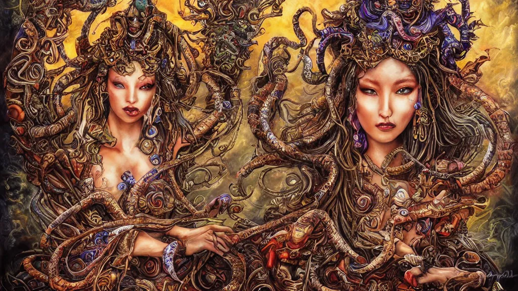 Image similar to portrait of a scorpion goddess, full body shot, rule of thirds, wide angle, amazing landscape in background, fantasy, whimsical, horror, art by chengwei pan and josephine wall and amanda sage, intricately detailed, highly detailed, luxurious, elegant, clean, unsettling, trending on artstation