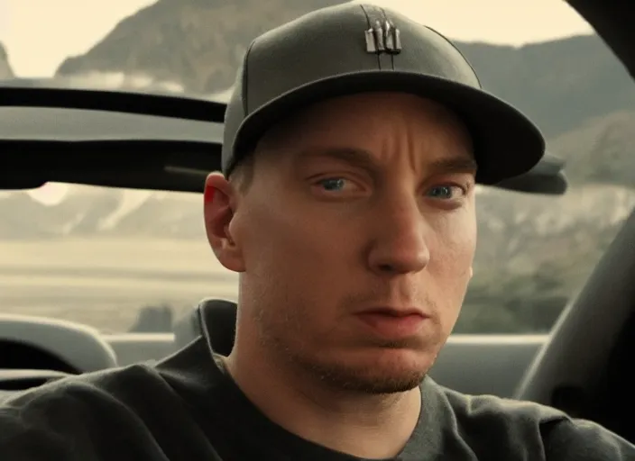 Prompt: a very high resolution image from a new movie, eminem in a car car. inside of a car. alone. mountains, directed by wes anderson