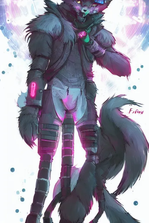 Image similar to a cyberpunk anthropomorphic wolf with a fluffy tail, comic art, trending on furaffinity, cartoon, kawaii, backlighting, furry art!!!, neon, concept art