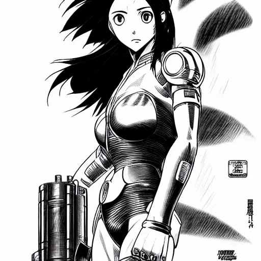 Image similar to alita by yukito kishiro. medium shot. black and white manga. pencil drawing. high detailed face