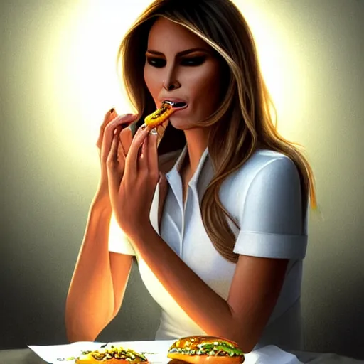 Prompt: portrait of Melania Trump eating hamburgers, extra onions and ketchup, luscious patty with sesame seeds, feminine ethereal, holy sacred light rays, handsome, volumetric light, D&D, fantasy, intricate, elegant, highly detailed, digital painting, artstation, concept art, matte, sharp focus, illustration, art by Artgerm and Greg Rutkowski and Alphonse Mucha