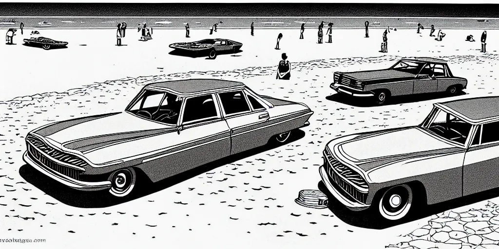 Prompt: vintage cars on a beach, cartoon by moebius, monochrome