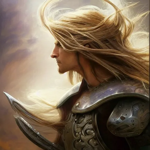 Prompt: portrait, long - haired fantasy paladin in shining armor, blond, rpg game, stern expression, long hair, highly detailed, digital painting, artstation, concept art, smooth, sharp focus, illustration, artgerm, tomasz alen kopera, peter mohrbacher, donato giancola, joseph christian leyendecker, wlop, frank frazetta