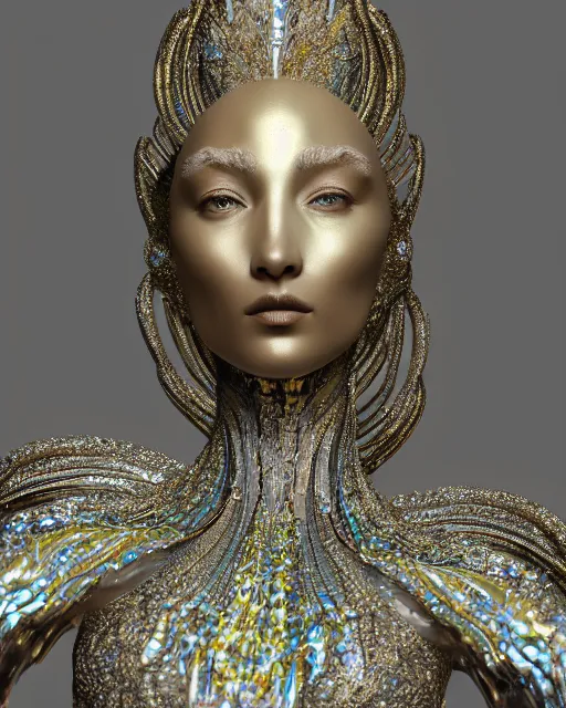 Image similar to a highly detailed metahuman 4 k close up render of an alien goddess bella hadid monument aphrodite in iris van herpen dress schiaparelli in diamonds crystals swarovski and jewelry iridescent in style of alphonse mucha gustav klimt trending on artstation made in unreal engine 4