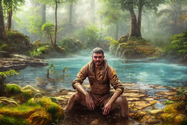 Image similar to highly detailed oil painting of a reptile man sitting in a steaming colorful hotspring with woodland forest backdrop, featured on artstation