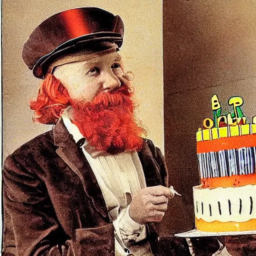 Image similar to Red haired man, dressed with a turbant, with a birthday cake