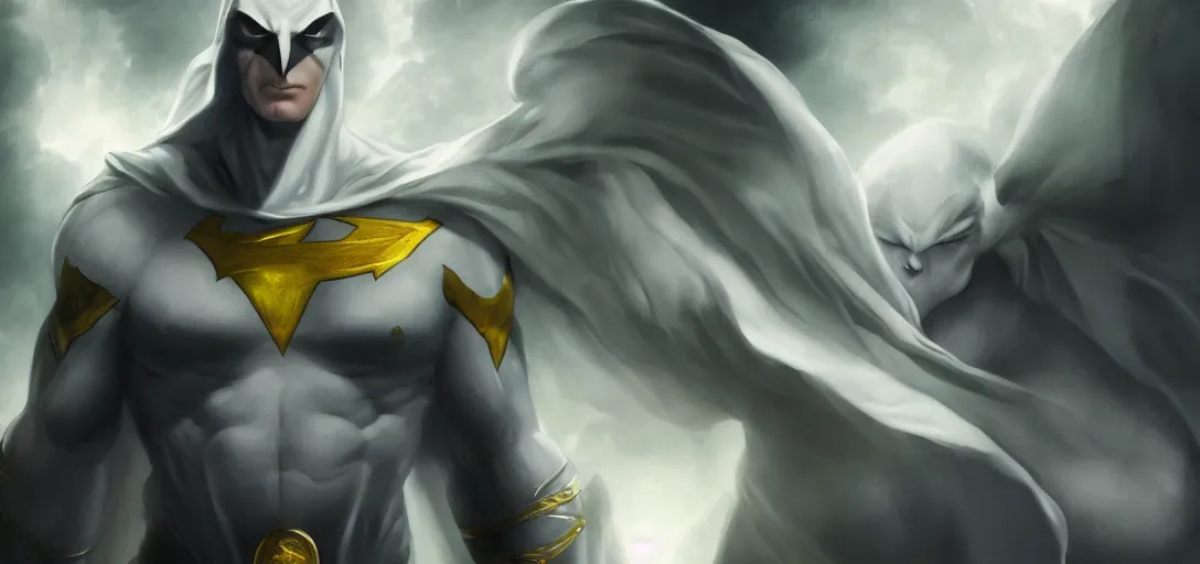 Image similar to characters portrait of Moon Knight mixed with Black Adam by Alyssa Monks, full-shot, merged character, Full body shot, cinematic opening shot, 4k, highly detailed, cinematic lighting
