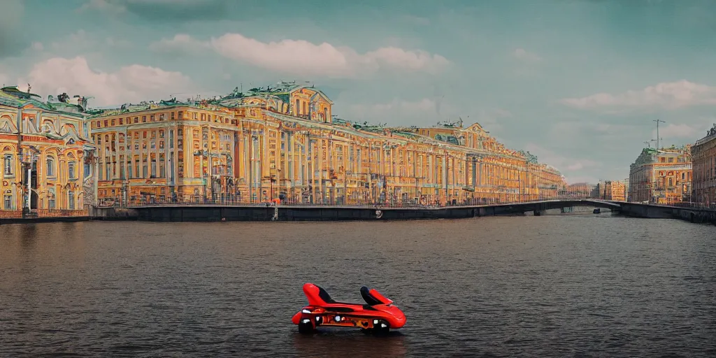 Image similar to cinematic street shot of a floating hoverboarding city saint petersburg city, telephoto, anamorphic cinematography, beautiful composition, color theory, leading lines, photorealistic, moody volumetric lighting