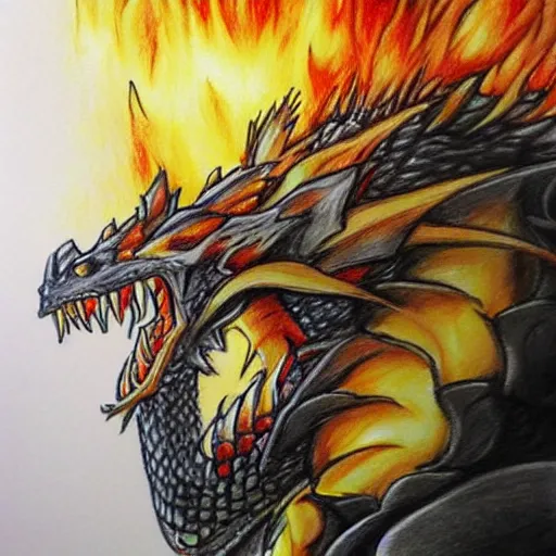 Image similar to firefighters against a fire - breathing dragon, pencil art, fire, colorful