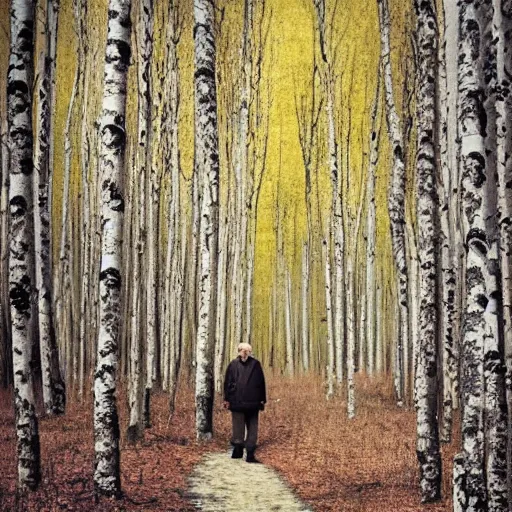 Image similar to photograph of an old man in a birch forest, medium format, shallow depth of field, tarkovsky