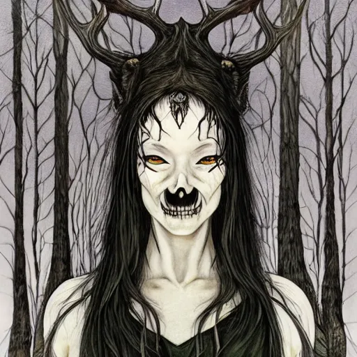 Image similar to an epic horrific wiccan gothic painting of a mother - nature witch cult woman wearing a deer skull, in a moonlit forest by gerald brom by junji ito by vanessa lemen by charlie bowater