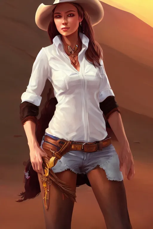 Prompt: full body, female cowgirl, perfect face, white blouse, holster, 8 k, magic the gathering, desert, d & d, artstation, high detail, smooth, sweaty