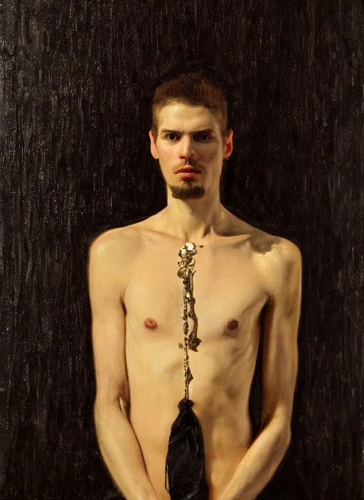 Image similar to highly detailed oil painting | very intricate | cinematic lighting | black, white and gold color scheme, dark background | a man dressed by alexander mcqueen | by roberto ferri, by gustav moreau, by singer sargent and klimt, american romanticism, occult art | by austin osman spare, artstation, cgsociety, official art, octane