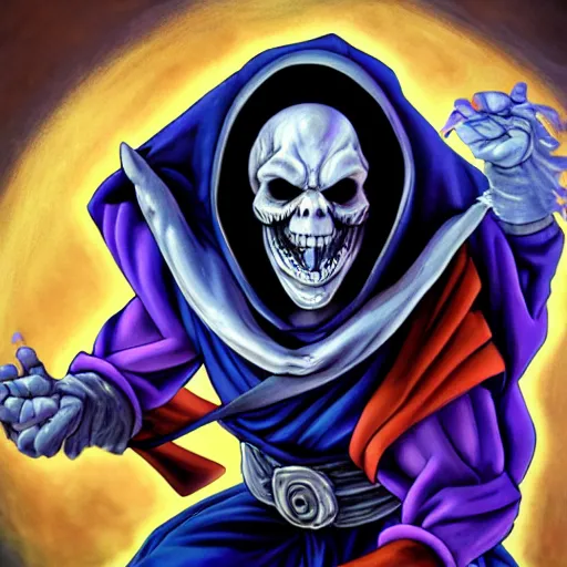 Image similar to ultra realistic portrait painting of skeletor as a jester, art by akira toriyama, 4 k, dragon ball artstyle, cel shaded, highly detailed, epic lighting