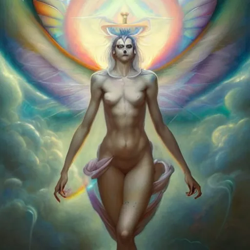 Image similar to psychedelic angelic celestial being artwork of peter mohrbacher, by henry fuseli, ayahuasca, energy body, sacred geometry, esoteric art, rainbow colors, realist, abstract and surreal art styles with anime and cartoon influences divinity