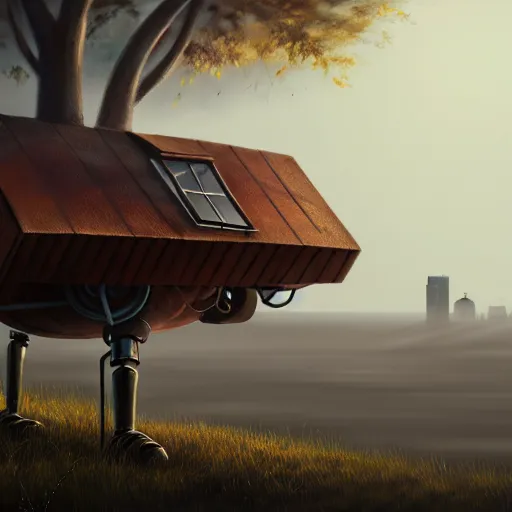 Image similar to a walking wood and metal house with two mechanical legs and two eyes, rust, hyperrealistic, highly detailed, cinematic, single ray of sun, morning, fog, city in background, beautiful, cgssociety, artstation, 8 k, oil painting, digital art