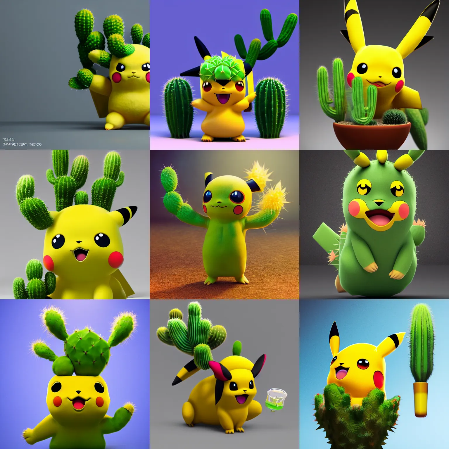 Prompt: A fusion of pikachu and a cactus, render, unreal, studio lighting, blender, trending on artstation, 8k, highly detailed