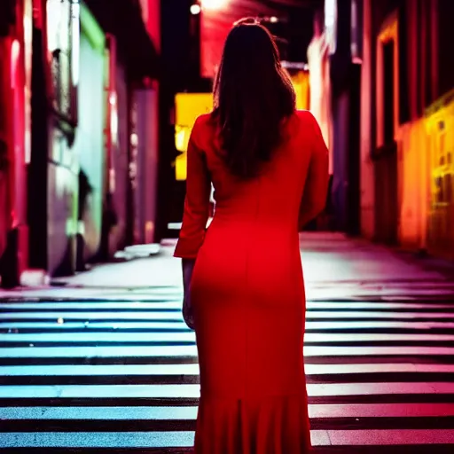 Image similar to a beautiful woman in a red dress standing on a bustling cyberpunk city street at night