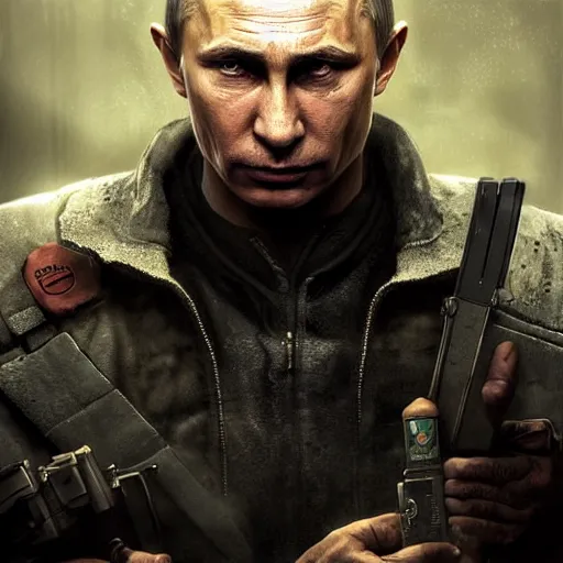 Image similar to Vladimir Putin as Aiden Caldwell character from Dying Light 2 Stay Human, portrait, highly detailed, digital painting, artstation, concept art, smooth, sharp focus, illustration, cinematic lighting, art by artgerm and greg rutkowski and alphonse mucha