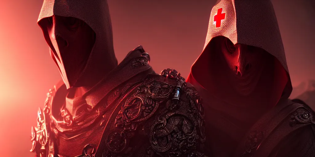 Prompt: Pale Hooded man with a red cross embroiled in his ornate armor hyper-realistic, Unreal Engine, Octane Render, digital art, trending on Artstation, 8k, detailed, atmospheric, immaculate