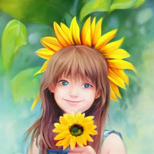 Prompt: a beautiful painting of young girl holding a sunflower and smiling,anime,artstation,highly detailed