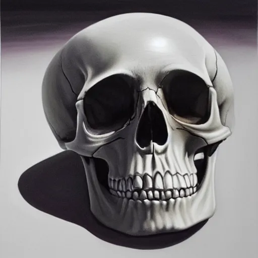 Image similar to hyperrealism painting of a skull on a table, soft shadows