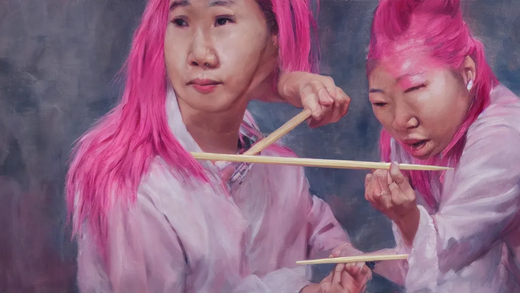 Image similar to asian person with chopsticks fighting a person with pink hair, cinematic, 4 k, oil painting