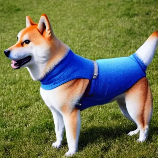 Image similar to a shiba-inu dog wearing blue pants