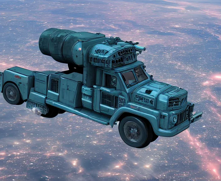 Prompt: russian truck zil - 1 3 0 fly in space in orbit of the planet earth, hyper detailed, hight detailed, futuristic, ultra realistic, cyberpunk, steampunk, no blur, 8 k