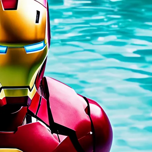 Image similar to iron man suit floating in pool, 4k realistic photo