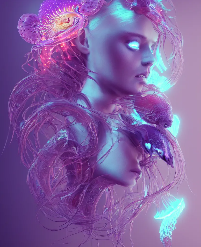 Image similar to goddess close-up portrait. orchid jellyfish phoenix head, nautilus, skull, betta fish, bioluminiscent creatures, intricate artwork by Tooth Wu and wlop and beeple. octane render, trending on artstation, greg rutkowski very coherent symmetrical artwork. cinematic, hyper realism, high detail, octane render, 8k