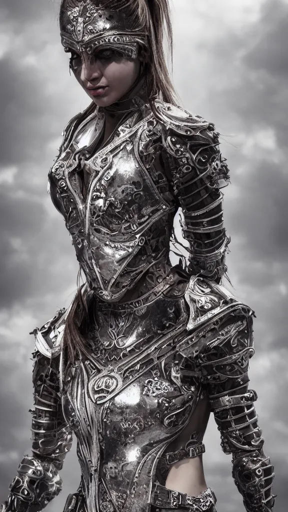 Image similar to exotic female athletic warrior wearing silver ornate detailed armour, transparent plastic clothing, dirt and sweat on body, elegant face, smudged running makeup, haute couture, regal, straps belts and harnesses, urban style, unreal engine, bloom, cinematic camera,