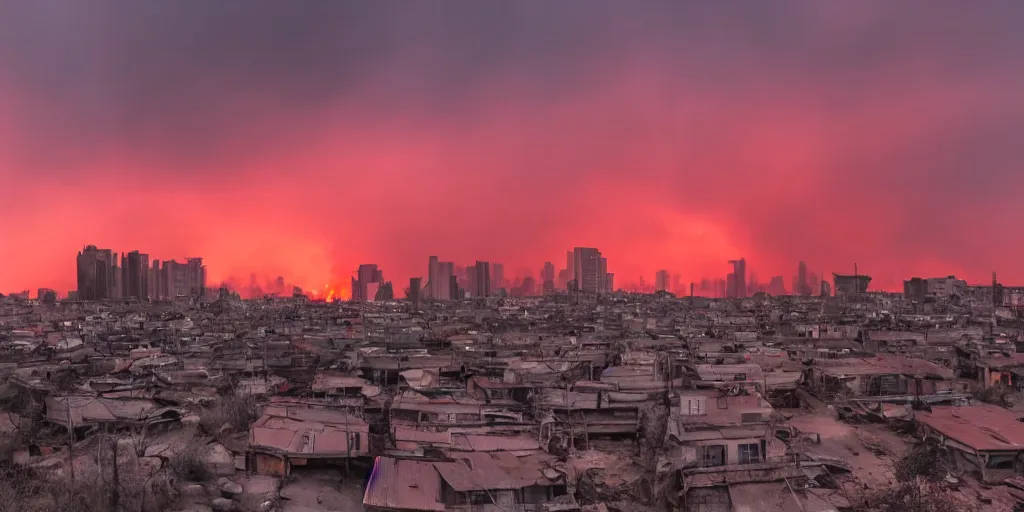 Image similar to post apocalyptic city with burning red sky