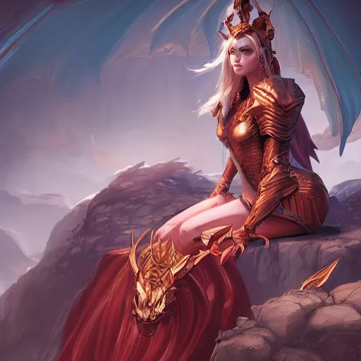 Image similar to A stunning comic book style portrait painting of a dragon goddess sitting on her throne, in the style of WLOP, 8k masterpiece, cinematic lighting, dynamic lighting, pristine and clean design, high fantasy, CGSociety, insanely detailed, atmospheric, matte painting,