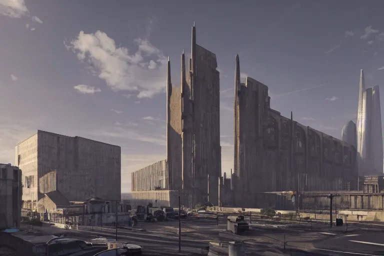 Image similar to streetscape, a towering cathedral of brutalist architecture, buildings covered with greebles, stunning volumetric light, sunset, metal, concrete and translucent material, stunning skies, majestic landscape, trending on Artstation, 8k, photorealistic, hyper detailed, unreal engine 5, IMAX quality, cinematic, epic lighting, in the style of Greg Rutkowski