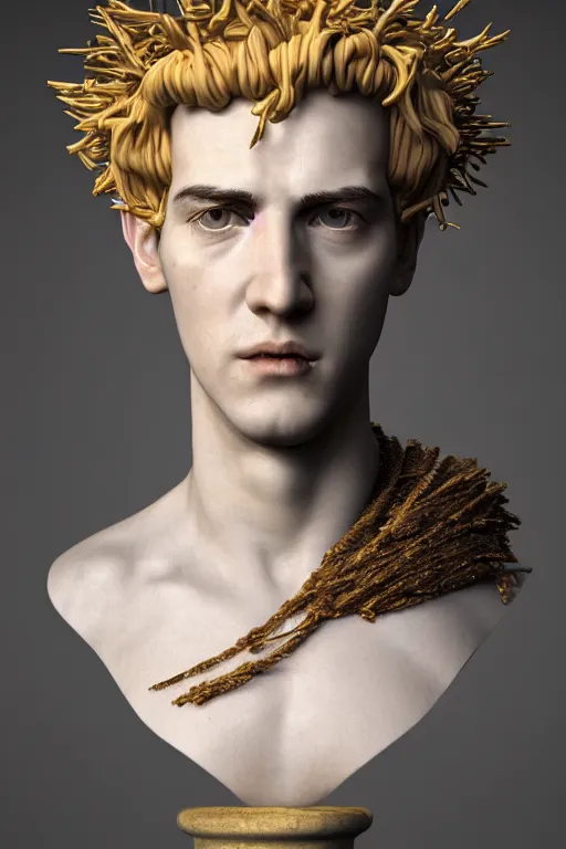 Image similar to a realistic porcelain full-head baroque style bust of handsome young seductive Spanish prince with a spiky hair, wearing a crown made out of woven pipe cleaners, suspended in outer space, photorealism, octane render, depth of field, 8k, 35mm, artgem, Trending on artstation