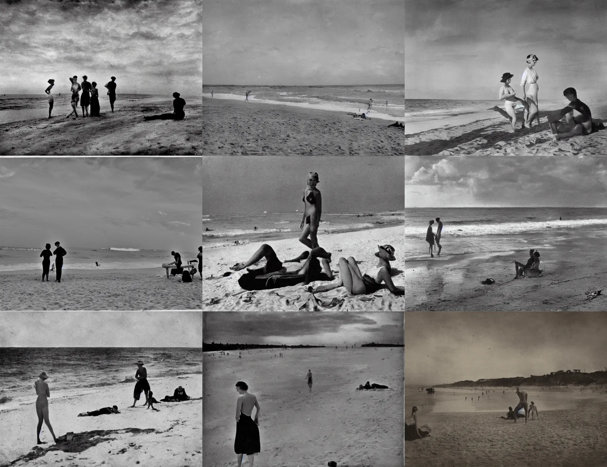 Prompt: artistic photo on the evening beach, 1930s