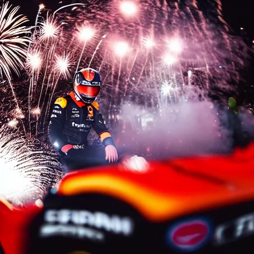 Prompt: close up portrait of max verstappen getting out of a mercedes f 1 car, dramatic shot, great photography, ambient light, night time, fireworks in the background